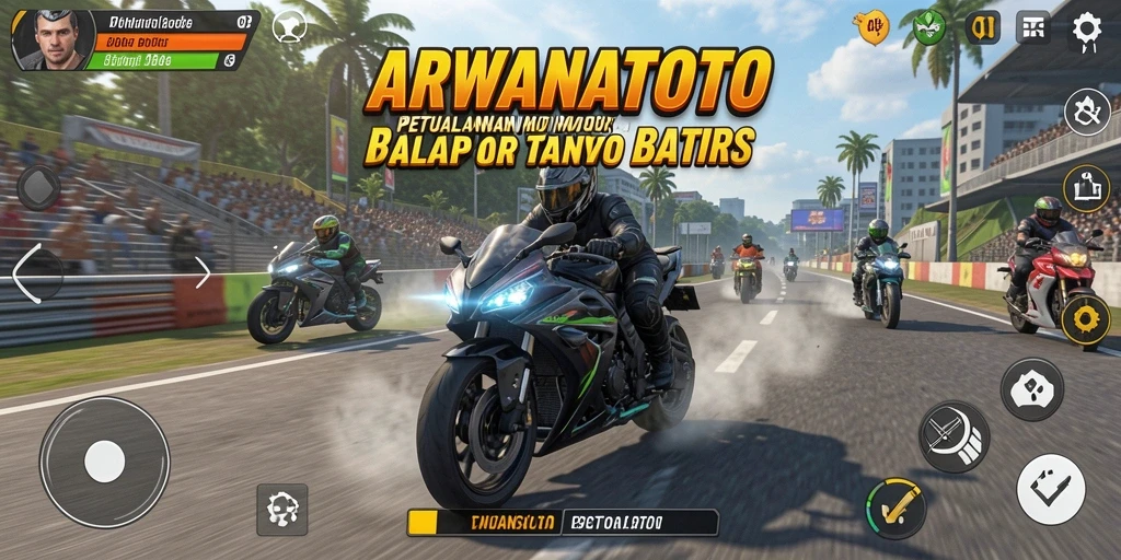 Tampilan gameplay ARWANATOTO dengan aksi balap motor yang seru.