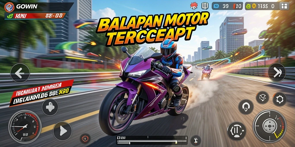 Screenshot GOWIN menampilkan aksi balapan motor yang mendebarkan.