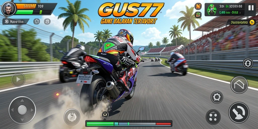 Screenshot gameplay GUS77 yang menampilkan balapan motor yang mendebarkan.