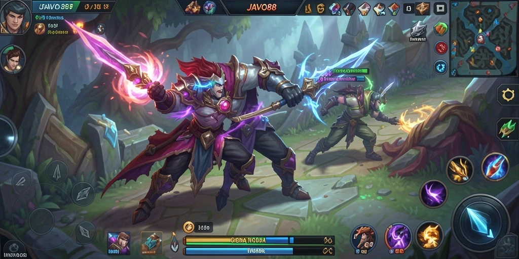 Tampilan aksi seru dalam gameplay MOBA JAVO88.