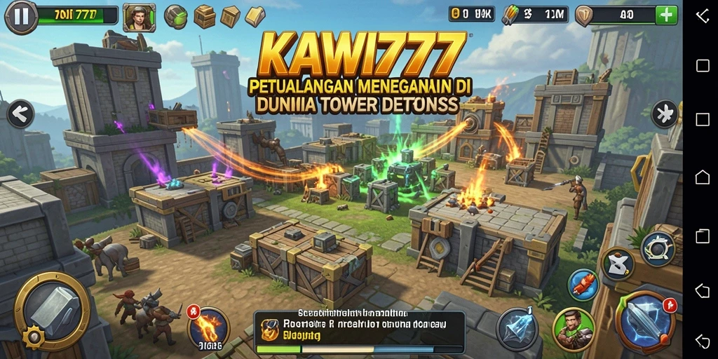 Tampilan gameplay KAWI777 menampilkan aksi menara pertahanan yang seru.