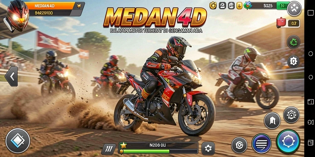 Tampilan gameplay seru dari MEDAN4D dengan balapan motor mendebarkan.
