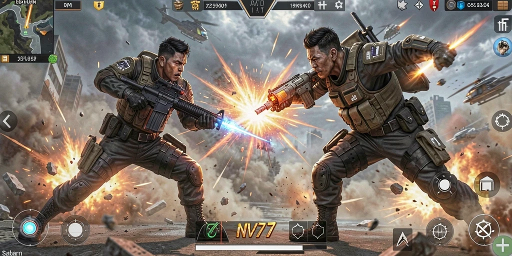 Tampilan gameplay NV77 yang penuh aksi seru.
