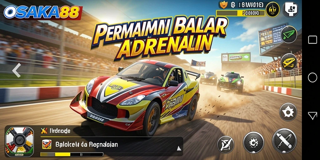 Screenshot utama OSAKA88 menampilkan aksi balap yang mendebarkan di lintasan.