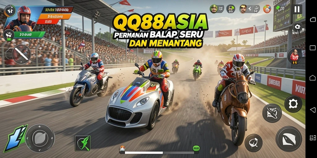 Screenshot gameplay QQ88ASIA menampilkan momen balap yang mendebarkan dan penuh aksi.