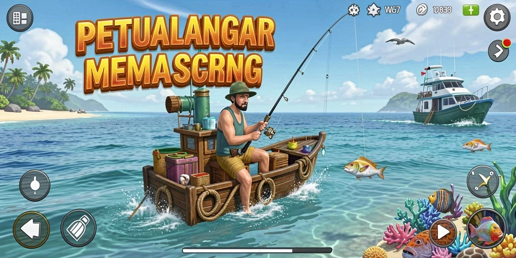 Screenshot gameplay W67 yang menampilkan momen menangkap ikan.